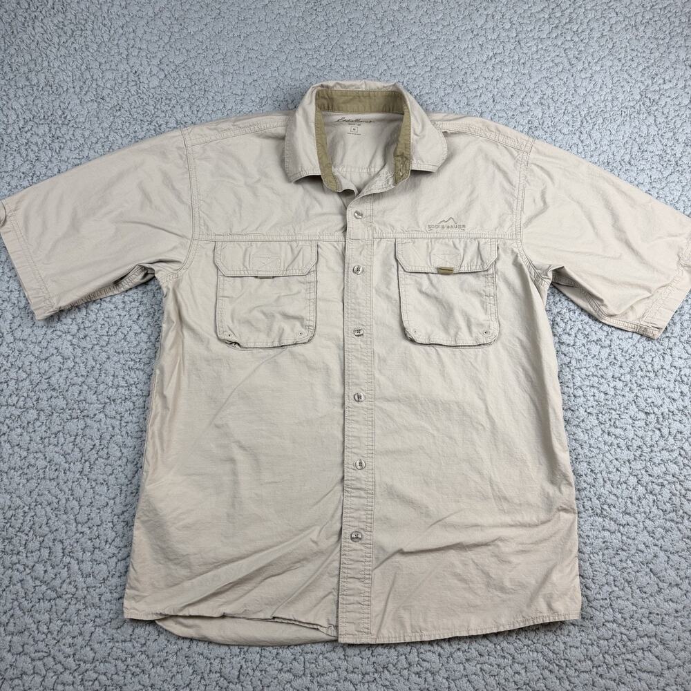 Eddie Bauer Mens Medium Tan Ripstop Short Sleeve Button Down Utility Shirt